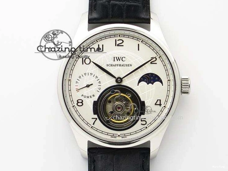 MIROTIME 0225 UrbanStyle Portuguese Tourbillon Power Reserve Moonphase SS White Dial On Black Leather Strap 7318